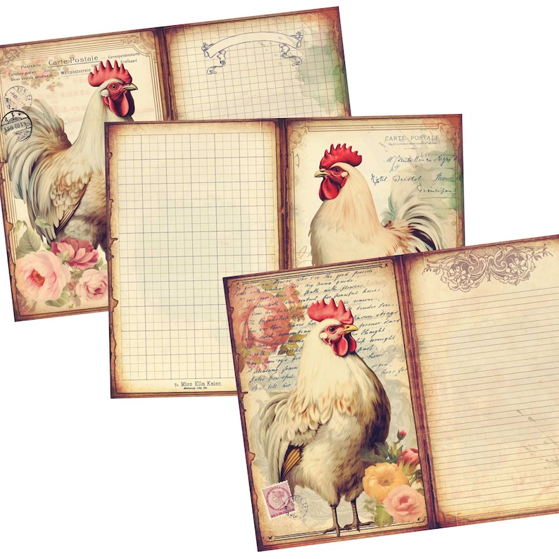 Farmhouse Vibes Printable Journaling Kit - Vintage Roosters & Shabby Cottage Core - Digital Junk Journal Supplies