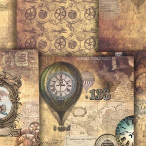 May include: A digital collage of vintage-style images featuring clocks, gears, and airships. The images are in shades of brown, beige, and cream, with a distressed, aged look. The text "MUNCHEN, STAUBSTRASSE 4" and "N&ordm; 633" are visible in the collage.