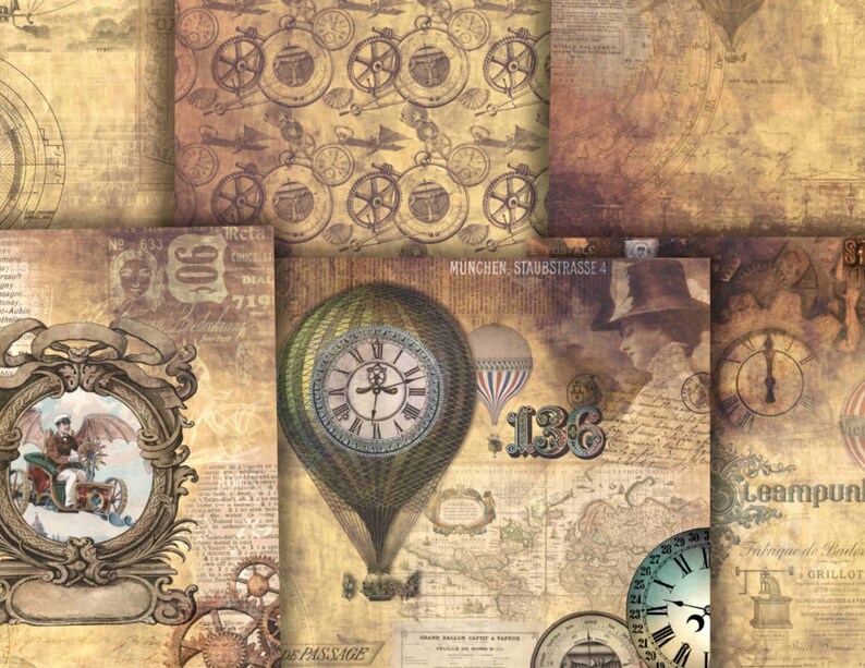 May include: A digital collage of vintage-style images featuring clocks, gears, and airships. The images are in shades of brown, beige, and cream, with a distressed, aged look. The text "MUNCHEN, STAUBSTRASSE 4" and "N&ordm; 633" are visible in the collage.