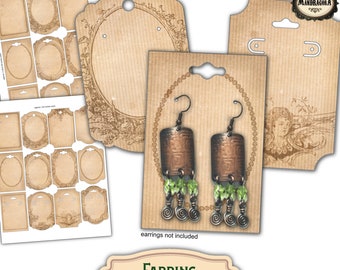 May include: Printable earring display cards with a vintage design. The cards are brown with a white border and feature a decorative oval frame. The cards are designed to be used with US Letter size paper, which is 11 inches by 8.5 inches.