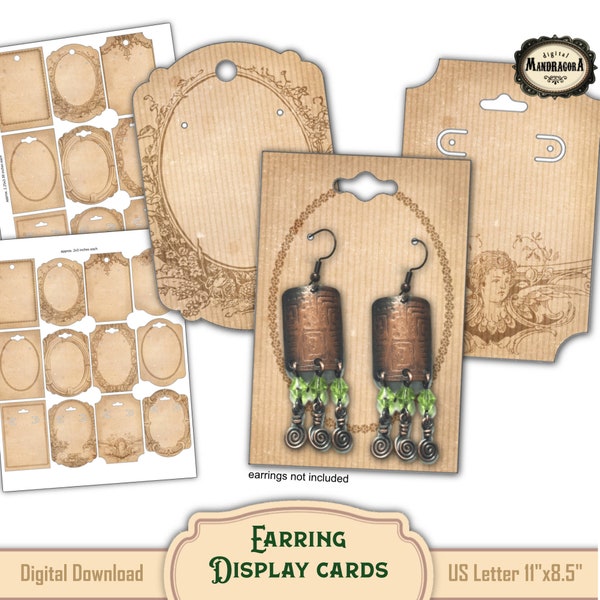 Earring display cards for craft shows, Printable hanging jewelry holder, Vintage DIY dangle earring cards, Digital Jewellery cards, 2 sizes