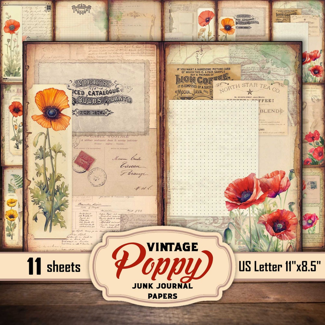 Vintage Poppy Junk Journal Pages: Distressed Floral Collage (digital ...