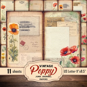 Vintage Poppy foldable old papers for junk journaling, Grunge distressed collage pages, Digital floral prints, Journal add-on