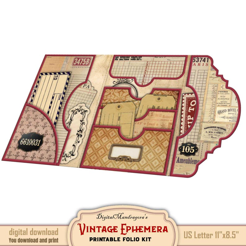 Vintage loaded folio ephemera kit for DIY paper crafts, digital download