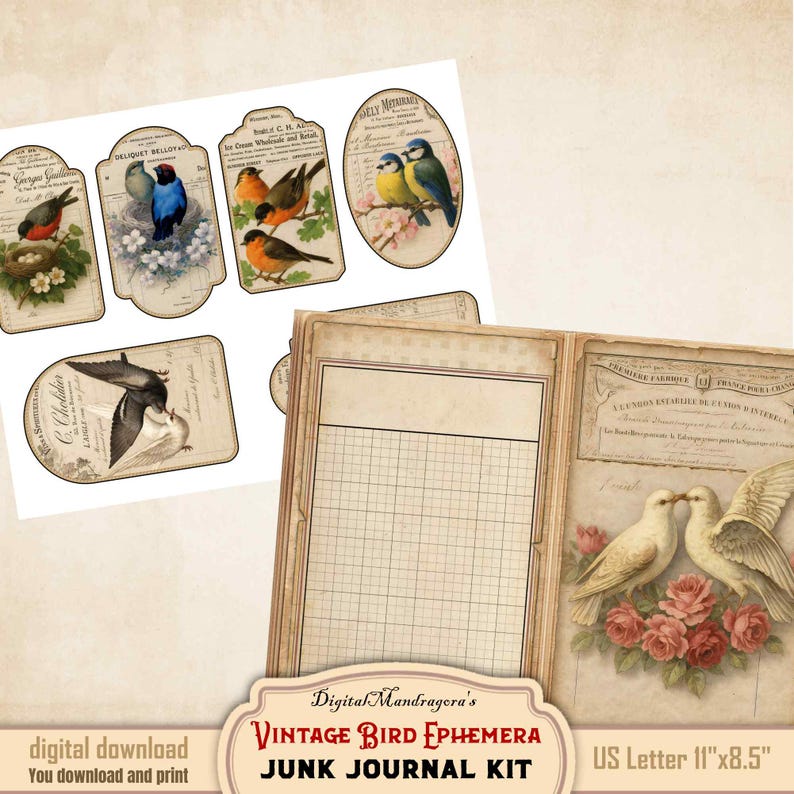 Vintage Bird Ephemera Junk Journal Kit – Printable French Invoice ...