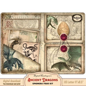 Ancient dragons junk journal kit, dragons scrapbooking, dragons folio kit, loaded folder, craft kit, dragons ephemera, Digital Download