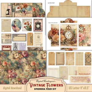 May include: Vintage floral digital paper pack with a variety of elements including floral patterns, clock faces, tags, and labels. The paper pack is designed for use in scrapbooking, card making, and other paper crafts. The paper pack is 11 inches by 8.5 inches.