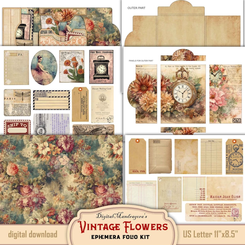 May include: Vintage floral digital paper pack with a variety of elements including floral patterns, clock faces, tags, and labels. The paper pack is designed for use in scrapbooking, card making, and other paper crafts. The paper pack is 11 inches by 8.5 inches.