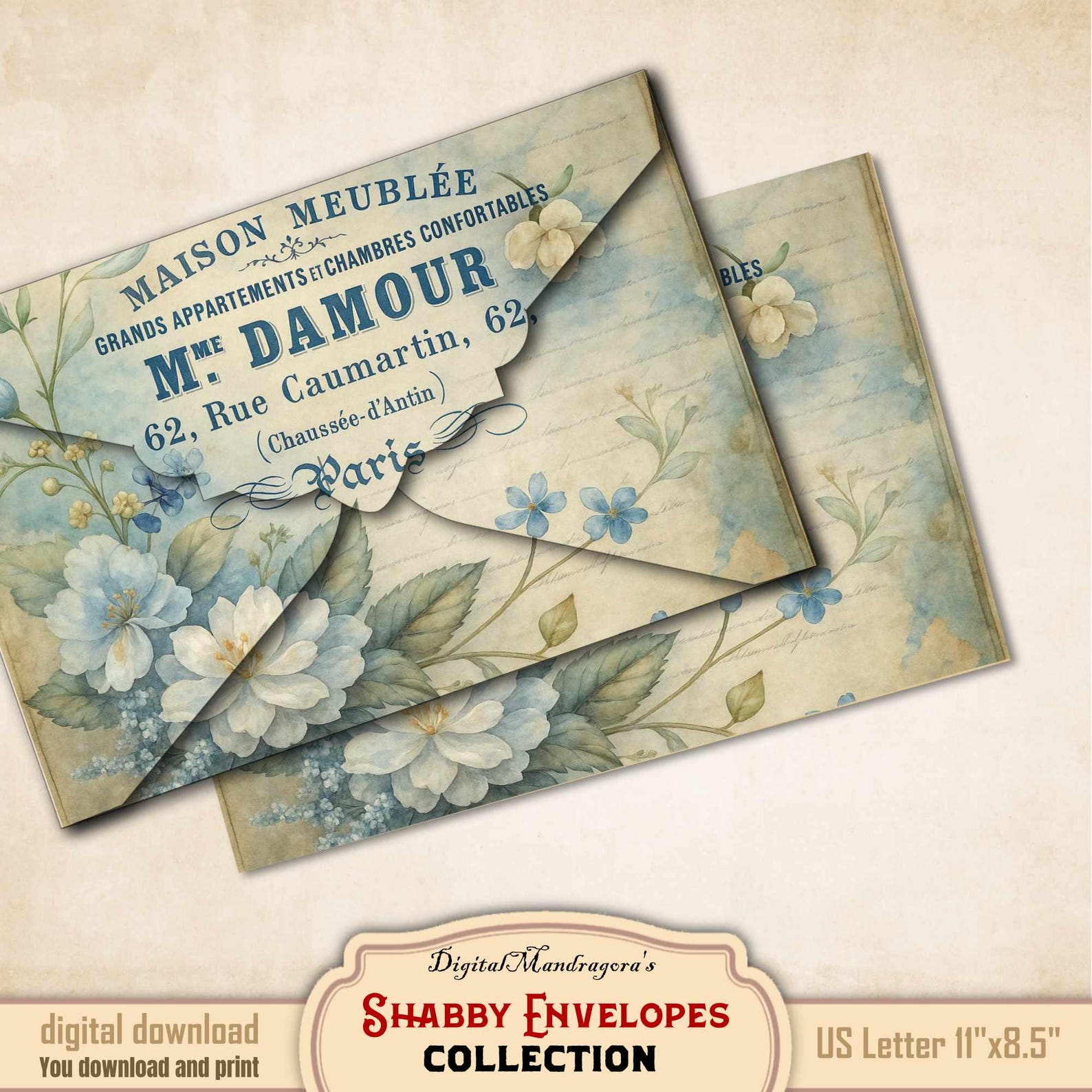 French Envelope Layout Shabby French Floral Envelopes: Printable Junk Journal Ephemera (5x3.5 ...