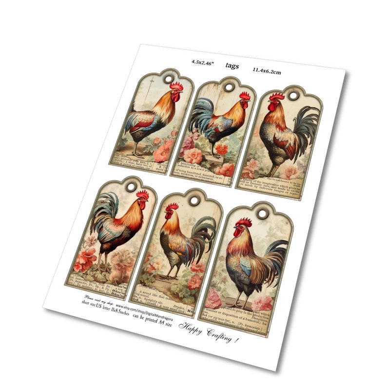 Vintage Roosters and shabby flowers ephemera collage cards and hanging tags for junk journaling