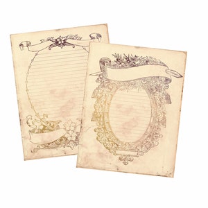 May include: Two vintage-style blank stationery sheets with ornate frames and banners. The paper has a distressed, aged look with a light brown color.
