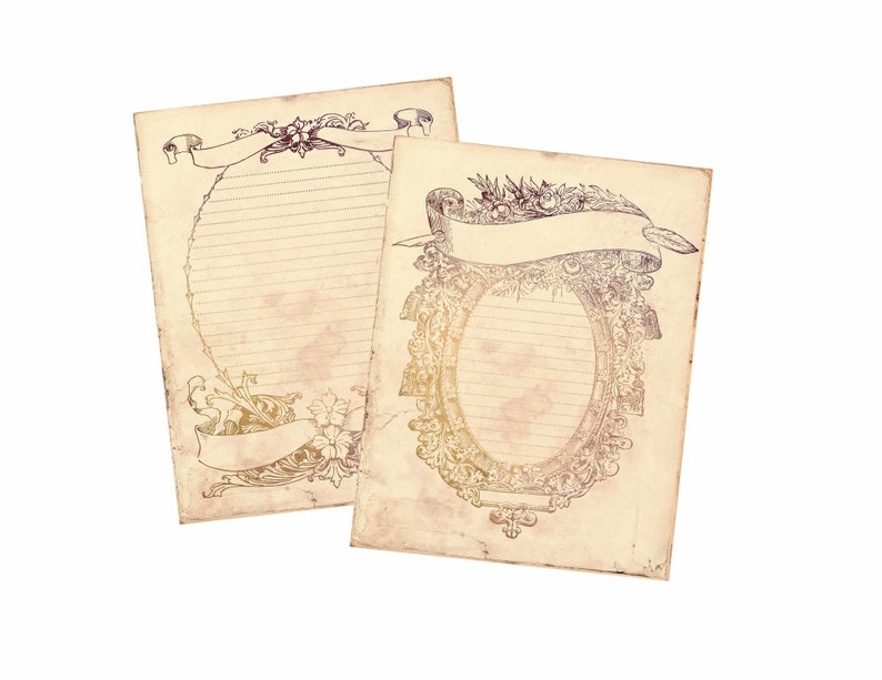 May include: Two vintage-style blank stationery sheets with ornate frames and banners. The paper has a distressed, aged look with a light brown color.