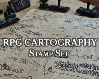 May include: A set of black rubber stamps for map making, featuring designs like a compass rose, mountains, and forests, arranged on a piece of parchment paper with the text RPG CARTOGRAPHY STAMP SET printed in the center of the image.