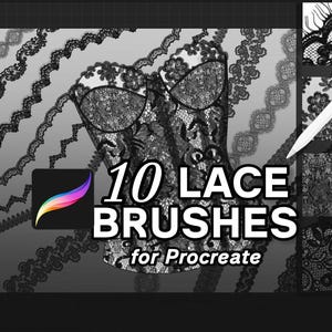 May include: A digital illustration on a tablet showcasing 10 lace brushes for Procreate. The image features a black and white corset design and various lace patterns. A stylus points to the brush options.