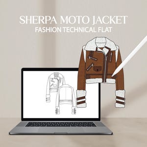 Op de afbeelding: Een bruin Sherpa motorjackontwerp met witte imitatiebontafwerking, weergegeven met een digitale stylus en een laptop met een technische mode-plattegrondschets. De tekst "SHERPA MOTO JACKET" en "FASHION TECHNICAL FLAT" zijn zichtbaar.