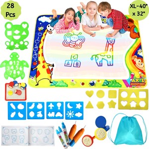 May include: A large, colorful, water-activated drawing mat with a giraffe, butterfly, and other animal designs. The mat is 40 inches by 32 inches and comes with 28 pieces, including stamps, stencils, and markers. The mat is perfect for kids to learn letters, numbers, and shapes.