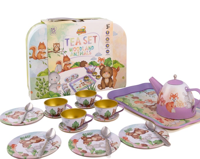 Woodland Tea Set for Kids Pretend Play, Perfect Tea Party Tea Set for Little Girls, Teapot Gift Set for  3 4 5 Year Old Gift, Safe Tin Toys