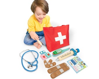 Montessori Wooden Doctor Kit, Pretend Play Toy with Fabric Bandaids