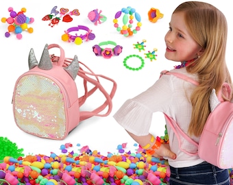 Jewellery Making Kit, Unicorn Pink Backpack, Gifts for 4, 5, 6 Year Old Little Girls, Toy Necklace, Ring, Bracelet Making Kit For Kids Gift