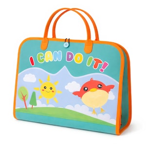 May include: A teal rectangular carrying case with orange trim and two handles. The front features the text I CAN DO IT! above a graphic of a yellow sun, a red bird, green trees, and white clouds. A small light blue button secures the top opening.