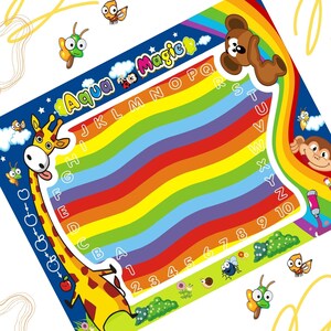 May include: A colorful play mat with a rainbow design and a giraffe, monkey, and bear illustration. The mat features the alphabet, numbers 1-10, and the words "Aqua Magic".
