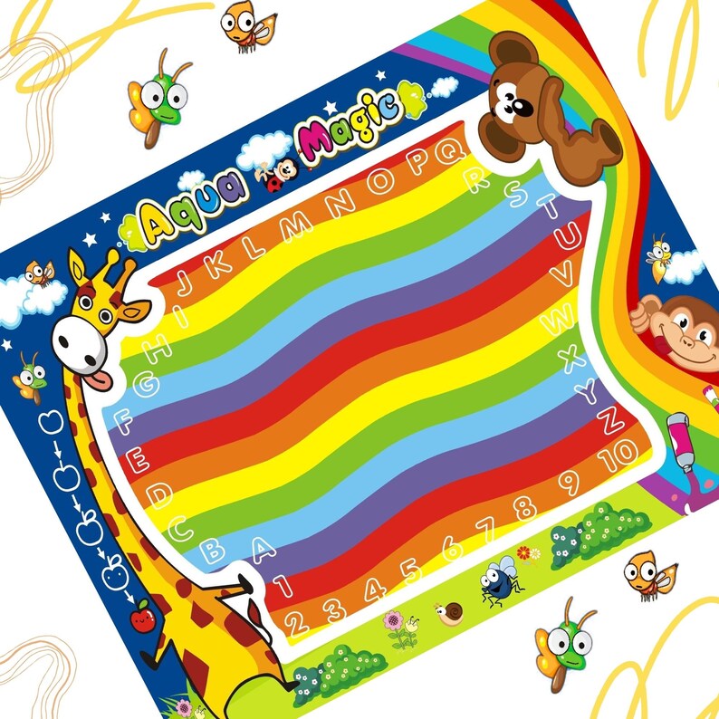May include: A colorful play mat with a rainbow design and a giraffe, monkey, and bear illustration. The mat features the alphabet, numbers 1-10, and the words "Aqua Magic".