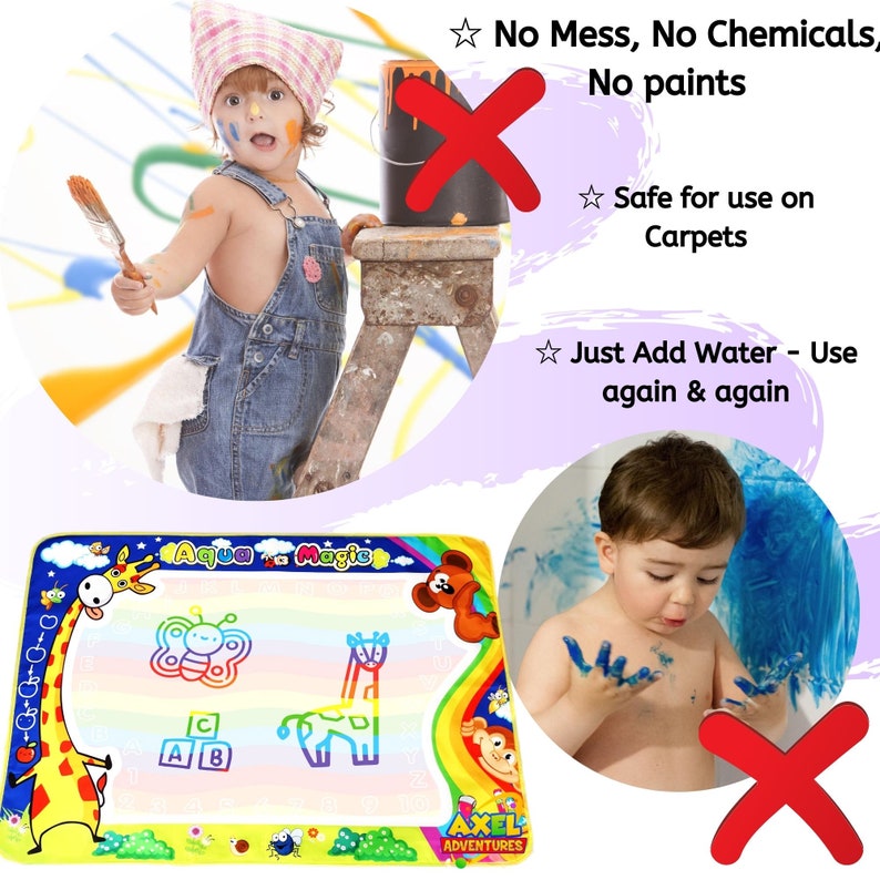 May include: A colorful water-activated drawing mat with a giraffe, butterfly, and other animal illustrations. The mat is labeled "Aqua Magic" and has a rainbow border. The text "Just Add Water - Use again & again" is visible in the image.