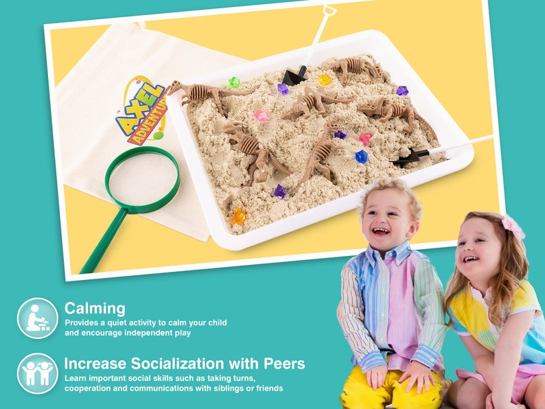May include: A children's sensory play set with a white tray filled with sand, toy dinosaur skeletons, and colorful gems. A magnifying glass, a small shovel, and a canvas bag with the "AXEL ADVENTURE" logo are also included. Two smiling children are in the foreground.
