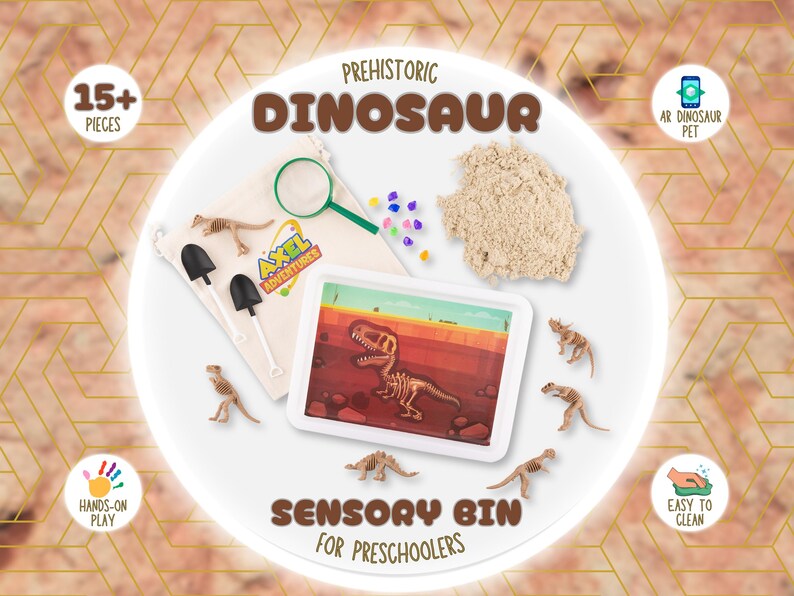 All accessories of the Dinosaur Sensory Kit, including canvas bag and plastic tray, neatly arranged.