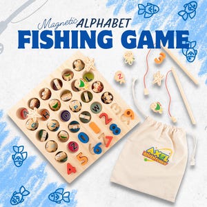 May include: Wooden magnetic alphabet fishing game with a square wooden board, magnetic fish, letters, and numbers. Includes a drawstring bag with the text "Axel Adventures". The game is designed for educational play.