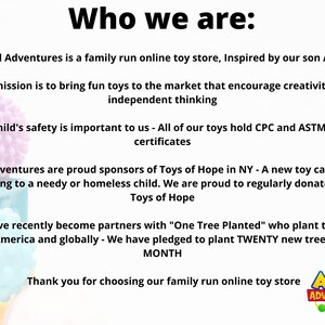 May include: A colorful graphic with the text "Who we are:" and the text "Axel Adventures" in a blue box. The text describes a family-run online toy store that donates toys to Toys of Hope and plants trees with "One Tree Planted".