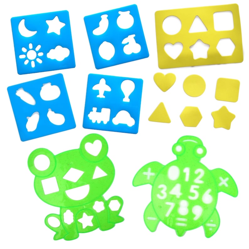 May include: A set of 10 blue and green plastic stencils for kids. The stencils feature shapes, numbers, and letters. The stencils are perfect for arts and crafts projects.