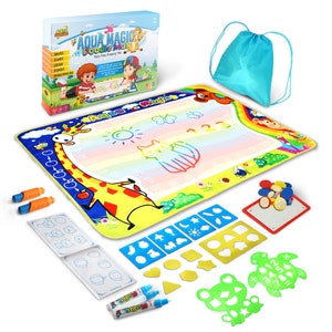 May include: Aqua Magic Doodle Mat with a colorful design featuring a giraffe, a rainbow, and a sun. The mat comes with two water-based markers, stencils, and a carrying bag. The mat is a fun and educational way for kids to learn and create.