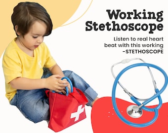 May include: A child plays doctor with a red medical bag and a blue toy stethoscope. The stethoscope has a silver listening piece and a blue tube. The text on the image reads "Working Stethoscope. Listen to real heart beat with this working -STETHOSCOPE"