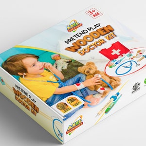 May include: A colorful box for a wooden doctor's kit for pretend play. The box features a child playing doctor with a teddy bear. The box is labeled "Pretend Play Wooden Doctor Kit" and "Axel Adventures".
