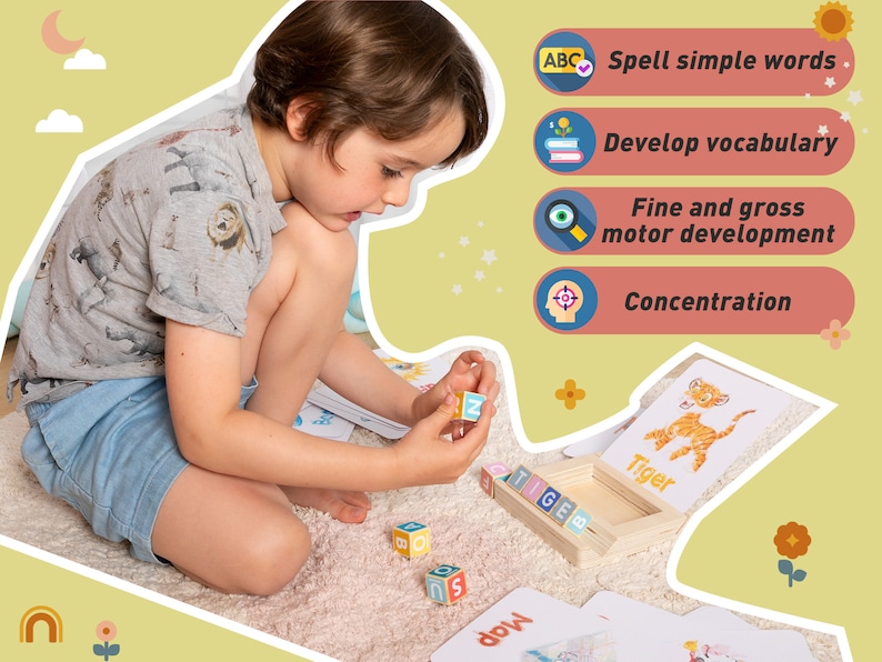 Spelling Game for Kids, Montessori Educational Toy for 3 Year Old Kinder Toddler, Wooden Blocks, Alphabet Learning Toy, Brain Development image 7