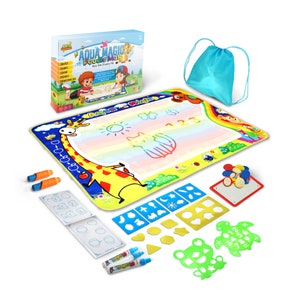 May include: Aqua Magic Doodle Mat play set with a blue carrying bag, two blue and orange water pens, a colorful mat with a giraffe, cat, and rainbow, and a set of stencils with shapes and numbers.