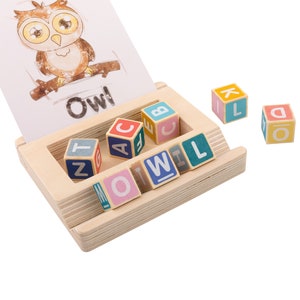 Montessori Toddler Spelling Game, Wooden Alphabet Blocks and Cards, Educational Toy for Preschool Kid, Word Matching Game