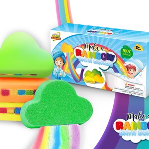 May include: A selection of cloud-shaped bath bombs in green, orange, and yellow, with a rainbow design. The packaging displays the text "Make a Rainbow Bath Bombs" and "100% Natural".