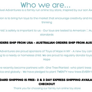 May include: White background with text: "Who we are..." and "Axel Adventures" logo. The text describes a family-run online toy store, its mission, safety standards, and partnerships with Toys of Hope and One Tree Planted.