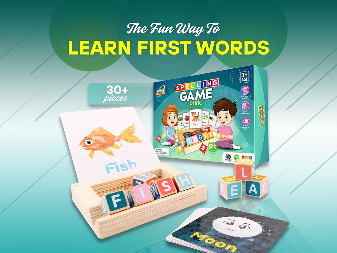 Spelling Game for Kids, Wood Alphabet Block Set, CVC Word Building
