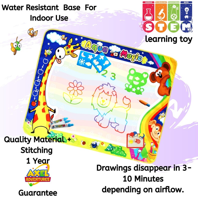 May include: A colorful water-activated drawing mat with a giraffe, lion, flower, and frog designs. The mat features the text "Aqua Magic" and "Drawings disappear in 3-10 Minutes depending on airflow".