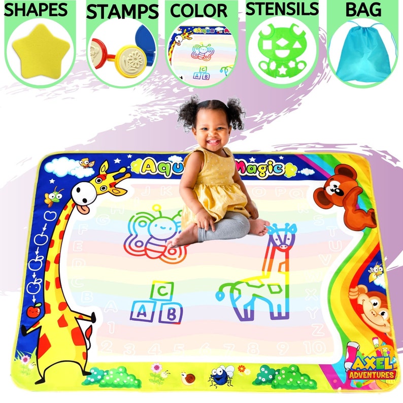 May include: A colorful water-activated drawing mat with a giraffe, butterfly, and other animal illustrations. The mat features letters, numbers, and shapes. A child is sitting on the mat, demonstrating how to use it.