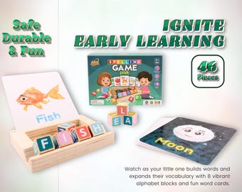 May include: A colorful wooden toy set for early learning. It includes 8 alphabet blocks, 8 word cards, and a game board with the words "Spelling Game Pack".