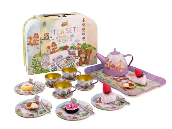 Pretend Play Tea Set for Little Girls - Woodland Animal 15 PCS Tea Party Set for Kids, Learning and Social Skills, Christmas Gift for Girls