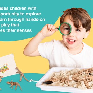 May include: A child smiles while holding a magnifying glass, with a dinosaur excavation kit in front of them. The kit includes a white tray with sand, toy dinosaur skeletons, a small shovel, and a canvas bag with the "AXEL ADVENTURES" logo.
