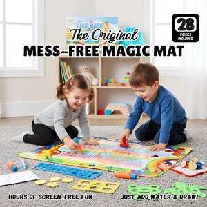 May include: Two children are drawing on a colorful "Mess-Free Magic Mat" with water-based markers and stamps. The mat has a landscape design with the text "The Original" and "Hours of Screen-Free Fun". The set includes 28 pieces.