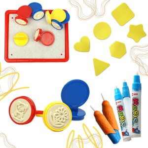 May include: A set of colorful stamps and markers for kids. The set includes a variety of shapes, letters, and designs. The stamps are made of plastic and have a rubber base. The markers are made of plastic and have a white ink. The set is perfect for kids who love to create and express themselves.