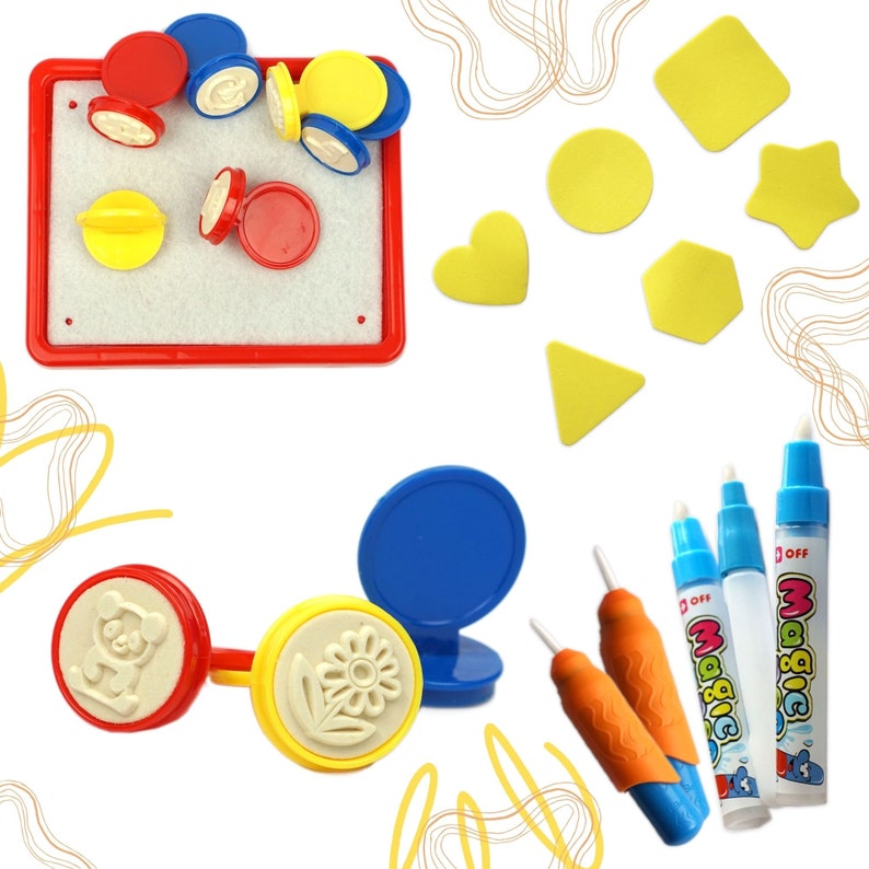 May include: A set of colorful stamps and markers for kids. The set includes a variety of shapes, letters, and designs. The stamps are made of plastic and have a rubber base. The markers are made of plastic and have a white ink. The set is perfect for kids who love to create and express themselves.
