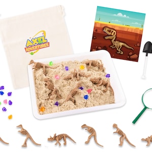 May include: A dinosaur excavation kit with a white tray filled with sand and toy dinosaur skeletons. The kit includes a magnifying glass, small shovels, and a bag with the text "Axel Adventures". Colorful gems are scattered throughout the sand.